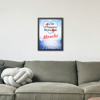 Black wood framed inspirational poster with “Miracles Happen” design with the message