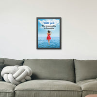 Black wood framed inspirational poster with “Impossible Woman” design, woman walking on water with the message