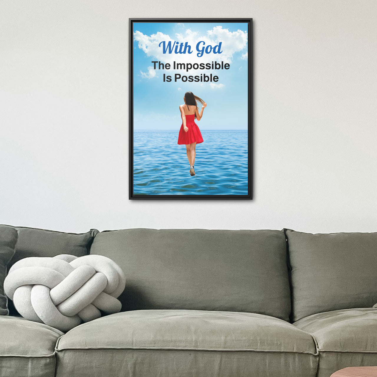 Framed canvas wall art with “Impossible Woman” design, woman walking on water with message "With God, The Impossible Is Possible," spiritual message, black pinewood frame, ready to hang, 24x36 framed wall art on wall