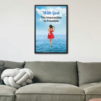 Framed canvas wall art with “Impossible Woman” design, woman walking on water with message