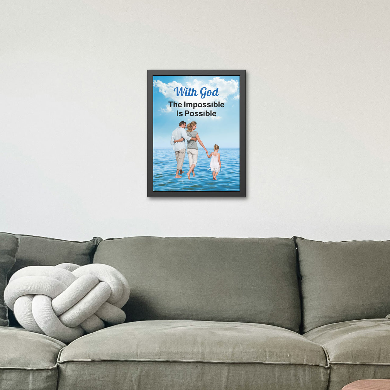 Black wood framed inspirational poster with “Impossible Family” design, family walking on water with the message "With God, The Impossible Is Possible," semi-gloss finish, shatter-proof plexiglass, available in 3 sizes, 18x24 framed poster on wall