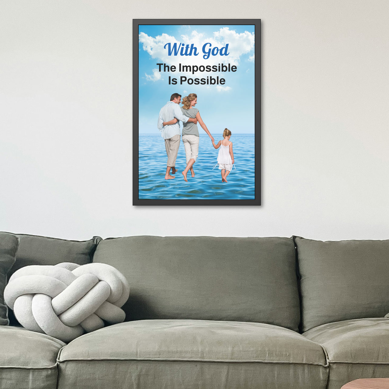 Black wood framed inspirational poster with “Impossible Family” design, family walking on water with the message "With God, The Impossible Is Possible," semi-gloss finish, shatter-proof plexiglass, available in 3 sizes, 24x36 framed poster on wall