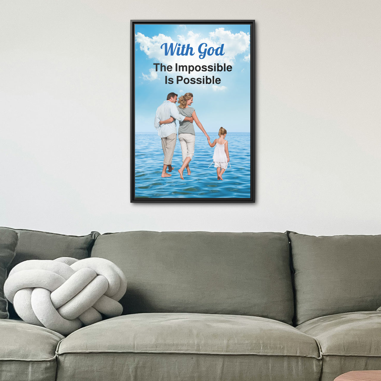Framed canvas wall art with “Impossible Family” design, family walking on water with message "With God, The Impossible Is Possible," inspirational home décor, black pinewood frame, ready to hang, 24x36 framed wall art on wall