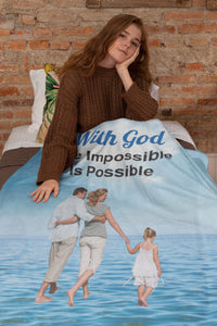 Faith-based plush blanket with “Impossible Family” design, family walking on water, faith-based message