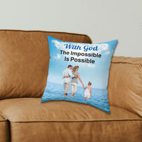 Faith-based throw pillow with “Impossible Family” design, family walking on water with message