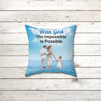 Faith-based throw pillow with “Impossible Family” design, family walking on water with message