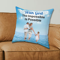 Faith-based throw pillow with “Impossible Family” design, family walking on water with message