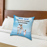 Faith-based throw pillow with “Impossible Family” design, family walking on water with message