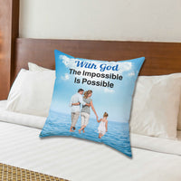 Faith-based throw pillow with “Impossible Family” design, family walking on water with message