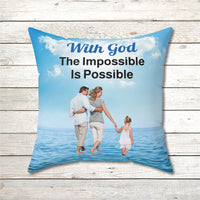 Faith-based throw pillow with “Impossible Family” design, family walking on water with message
