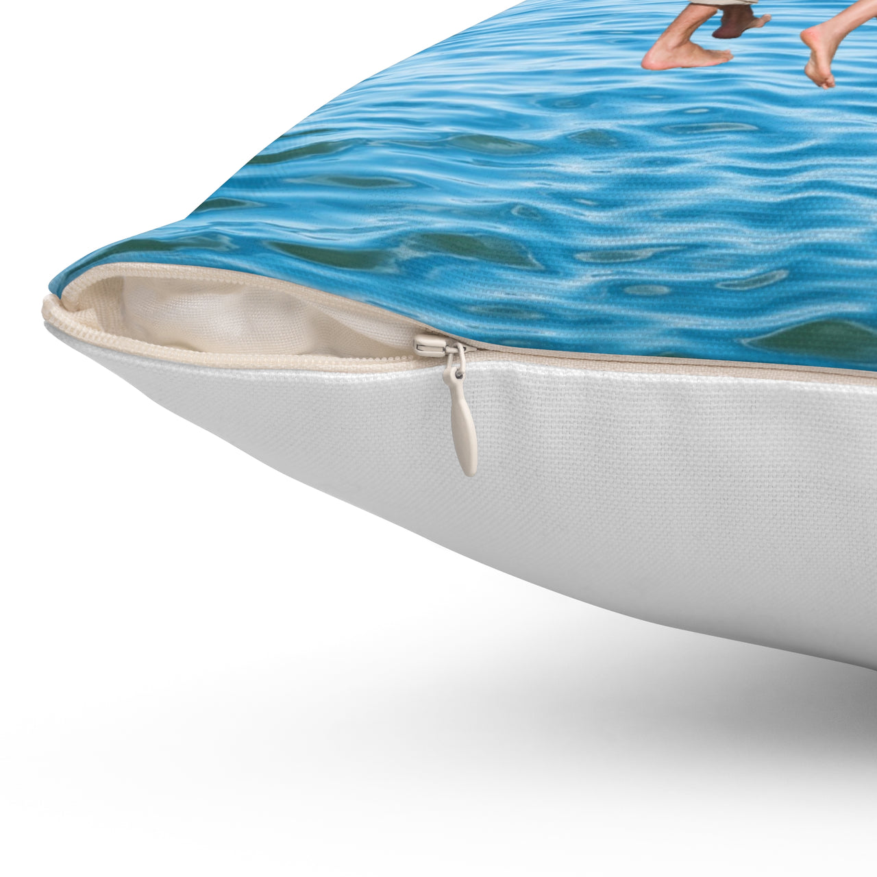 Reversible Throw Pillow, Walk on Water Family - White Back