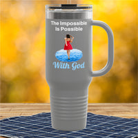 40oz inspirational travel mug with “Impossible Woman” design message