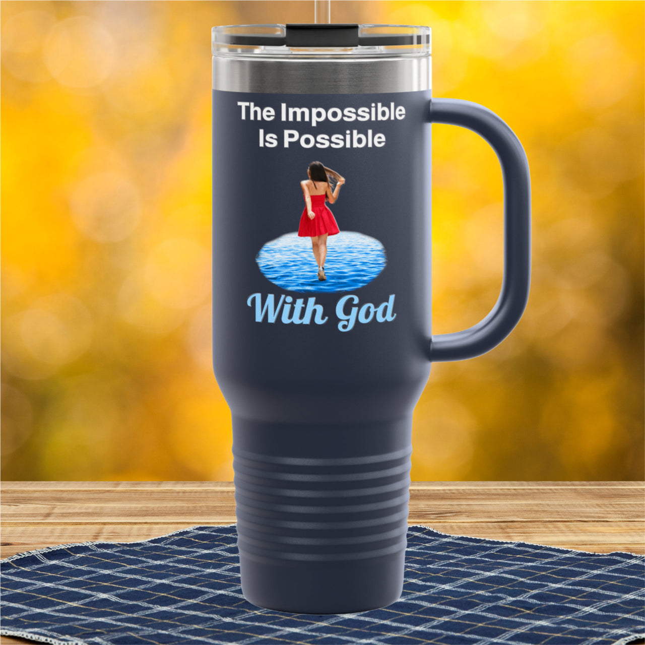 40oz inspirational travel mug with “Impossible Woman” design message "The Impossible Is Possible with God," faith-based tumbler for women, stainless steel, leak-proof, double-wall insulated, navy blue