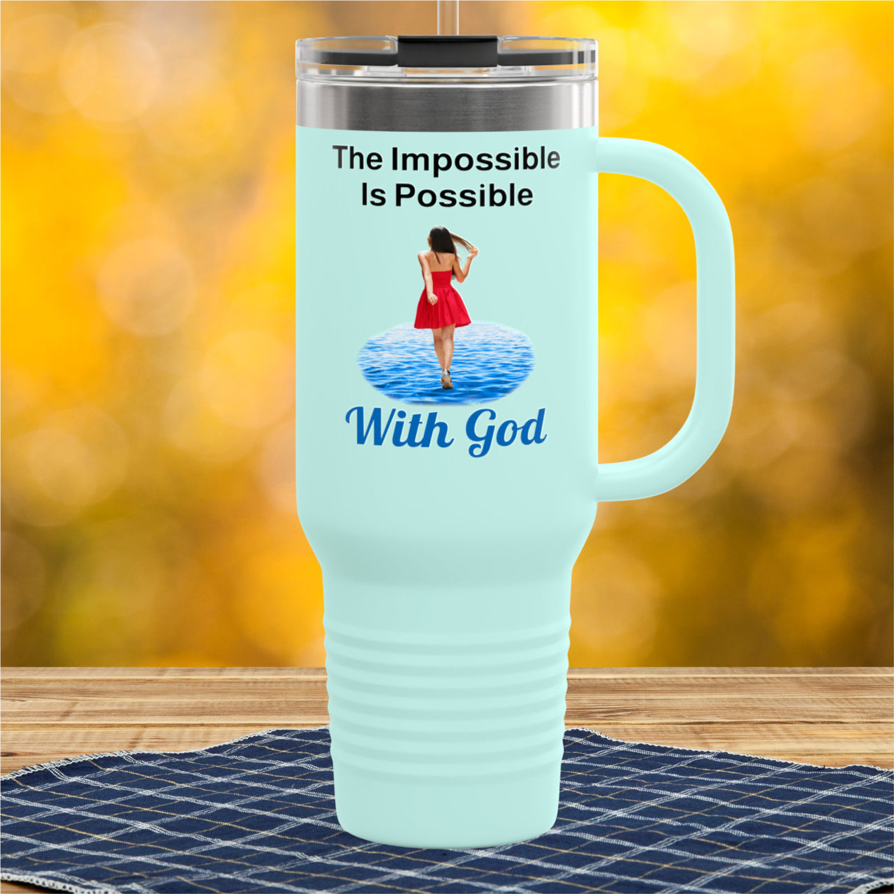 40oz inspirational travel mug with “Impossible Woman” design message "The Impossible Is Possible with God," faith-based tumbler for women, stainless steel, leak-proof, double-wall insulated, teal