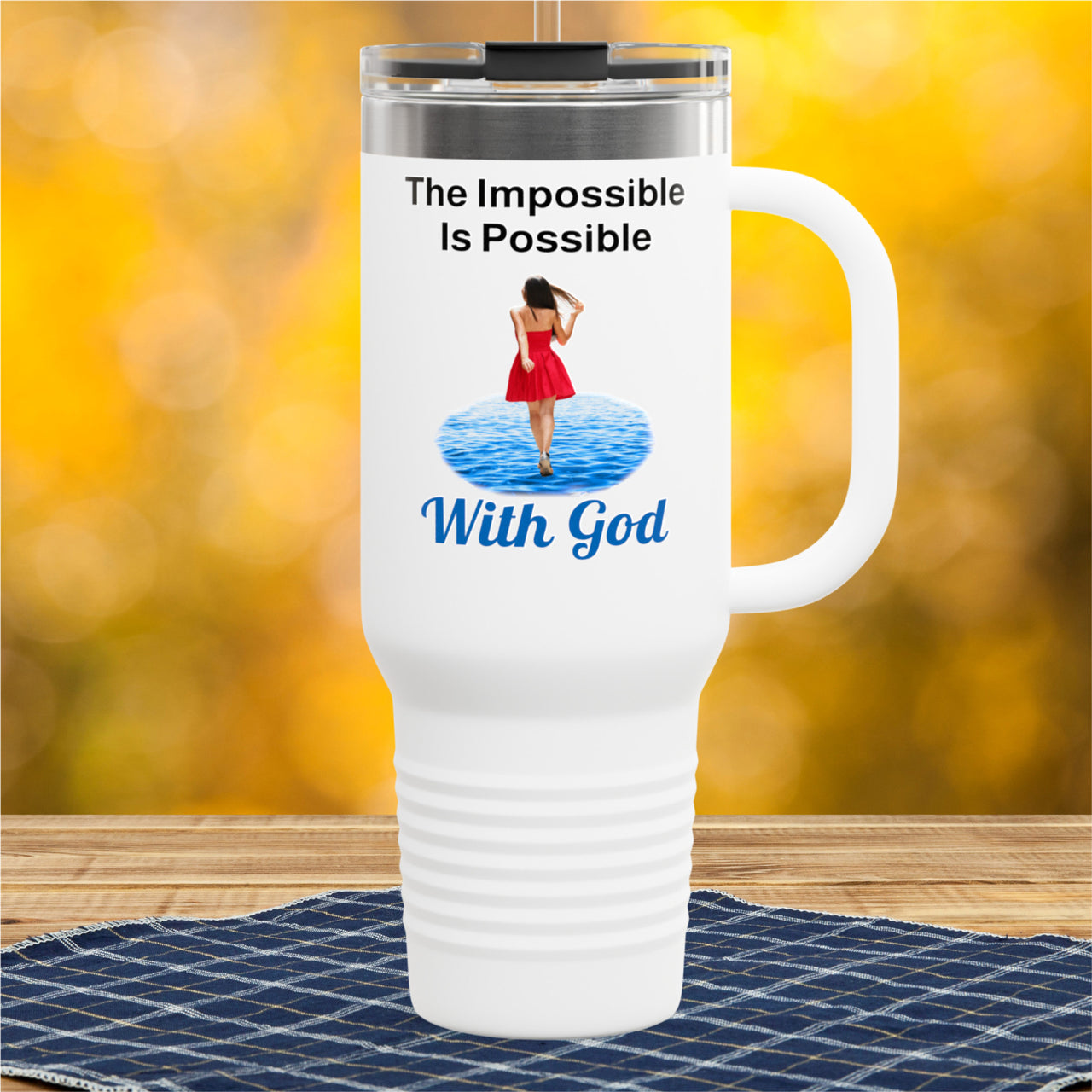 40oz inspirational travel mug with “Impossible Woman” design message "The Impossible Is Possible with God," faith-based tumbler for women, stainless steel, leak-proof, double-wall insulated, white