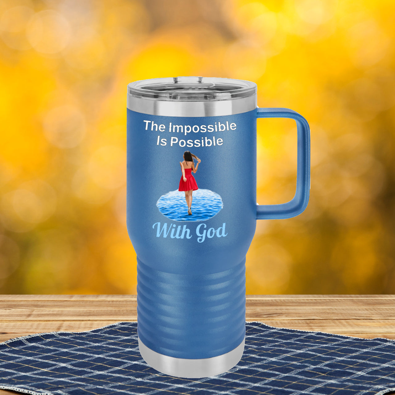 20oz faith-based travel mug with “Impossible Woman” design message "The Impossible Is Possible with God," inspirational tumbler for women, stainless steel, leak-proof, double-wall insulated, blue