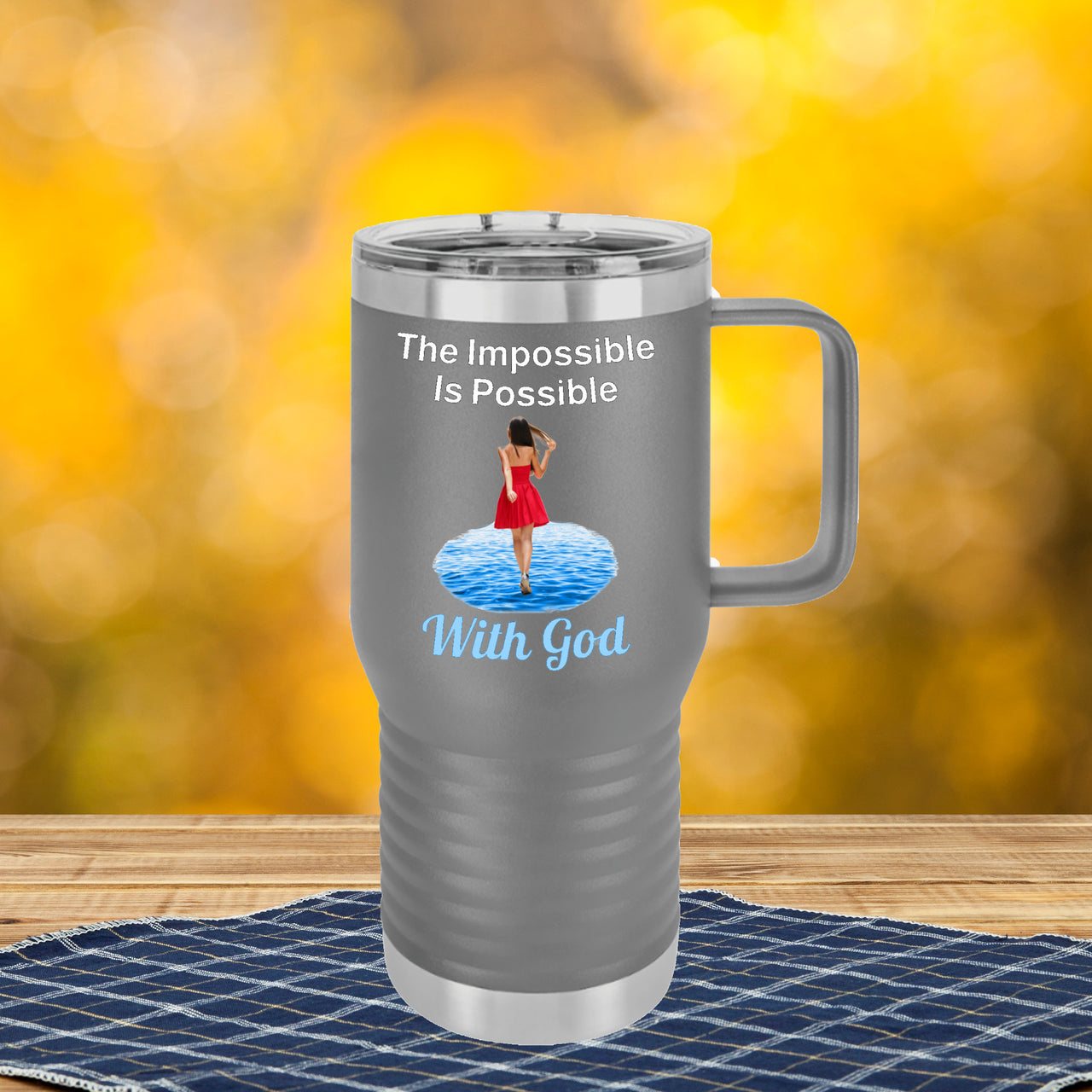 20oz faith-based travel mug with “Impossible Woman” design message "The Impossible Is Possible with God," inspirational tumbler for women, stainless steel, leak-proof, double-wall insulated, gray