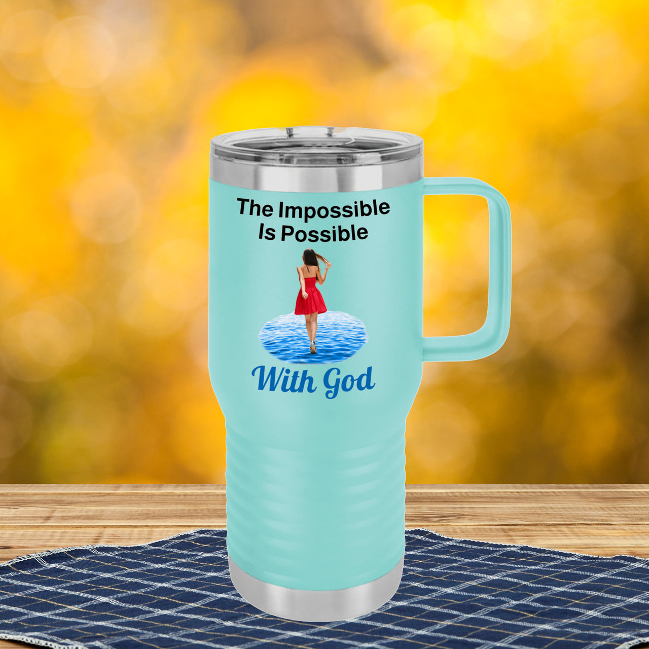 20oz faith-based travel mug with “Impossible Woman” design message "The Impossible Is Possible with God," inspirational tumbler for women, stainless steel, leak-proof, double-wall insulated, teal