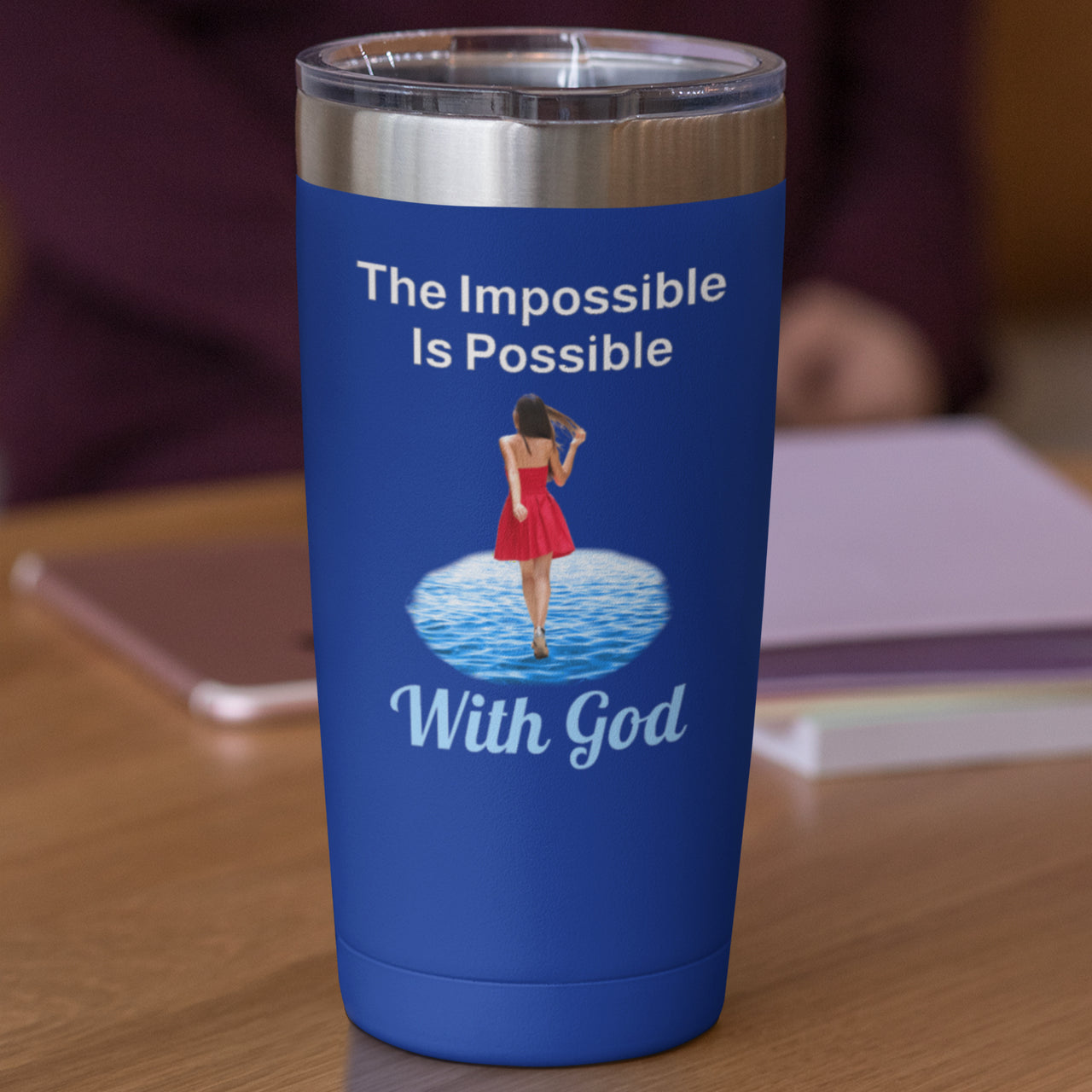 20oz faith-based stainless steel tumbler with "Impossible Woman" design, inspirational message “The Impossible Is Possible with God,” leak-proof lid, spiritual drinkware for women of purpose, blue tumbler