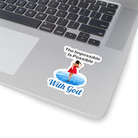 Sheet of 4 vinyl stickers with “Impossible Woman” design, message “The Impossible Is Possible with God,” glossy finish, inspirational stickers for adventurous women to make the impossible their reality, 3-inch sticker on laptop