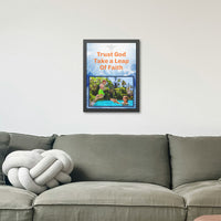 Black wood framed inspirational poster with “Leap of Faith” design, child jumping into pool, with the message