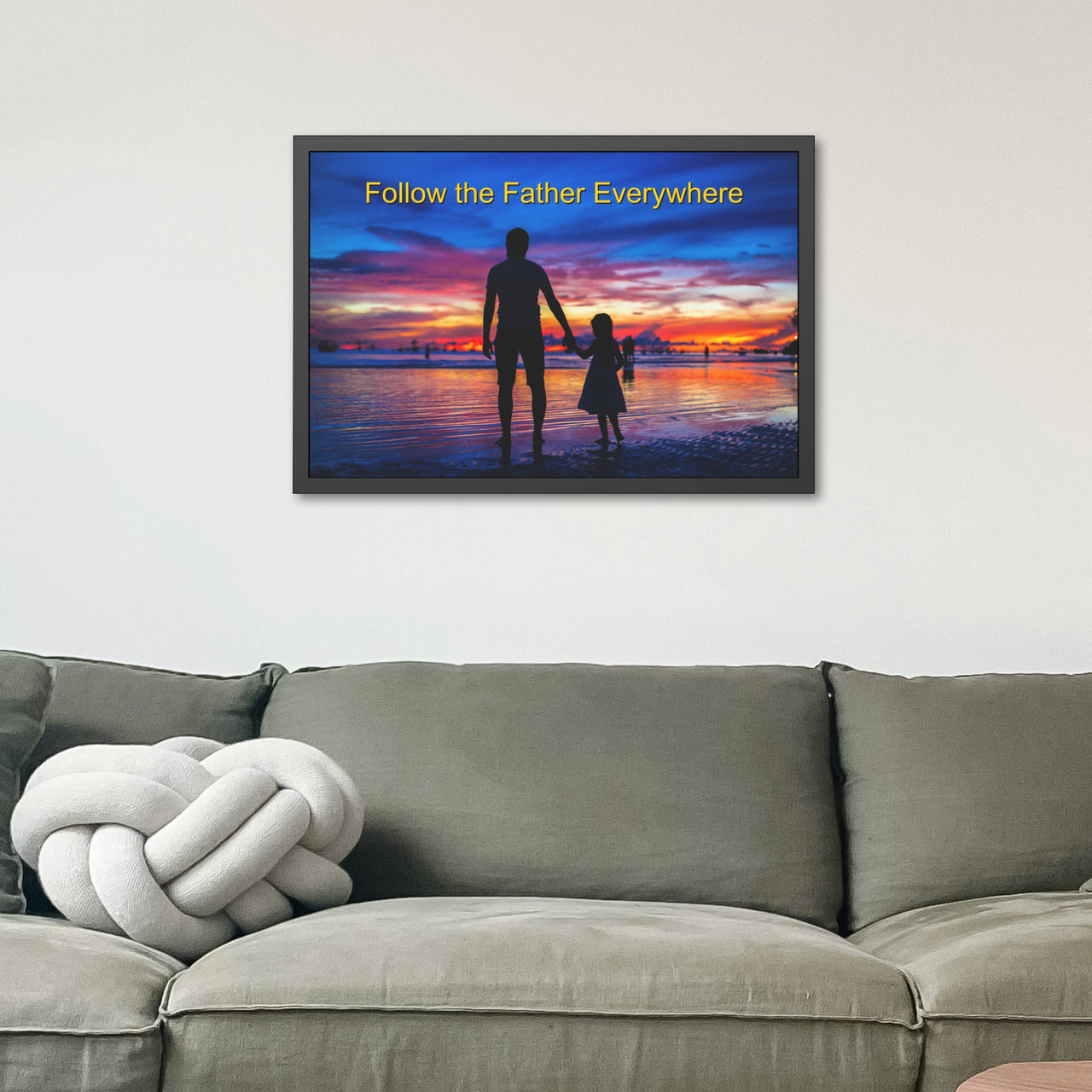Black wood framed inspirational poster with “Follow the Father” design, child walking with father with the message "Follow the Father Everywhere," semi-gloss finish, shatter-proof plexiglass, available in 3 sizes, 36x24 framed poster on wall