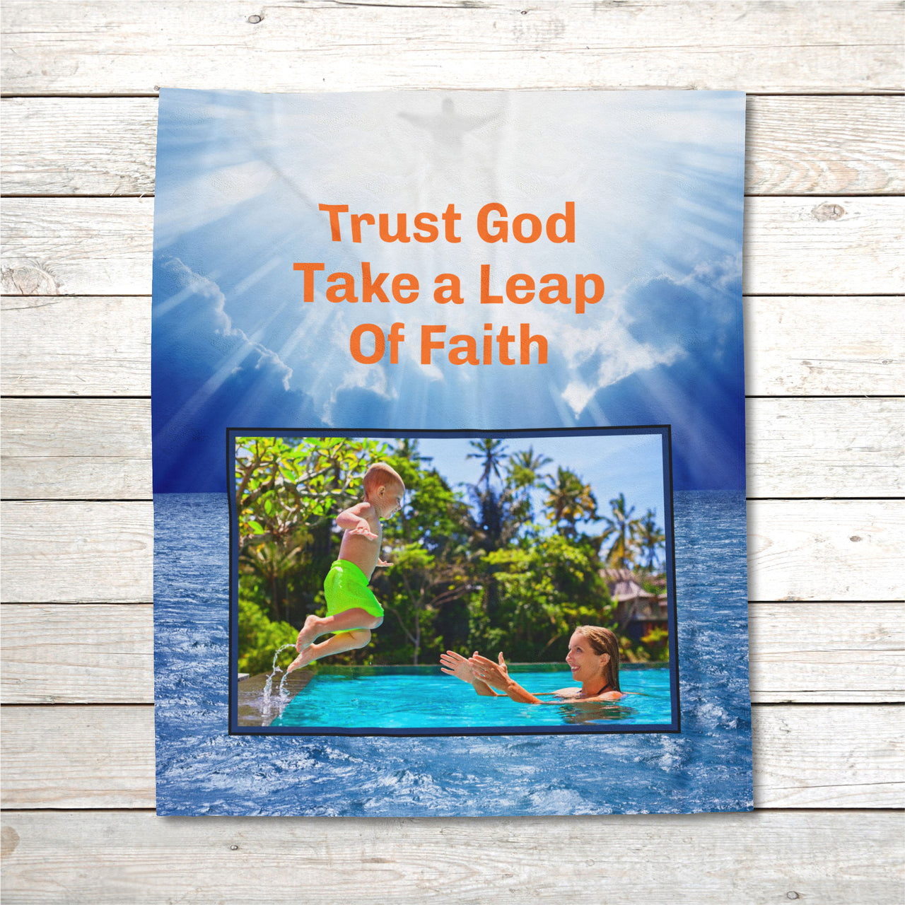 Plush velveteen blanket with “Leap of Faith” design, child jumping into pool, inspirational message "Trust God, Take a Leap of Faith," faith-based comfort, full print front, white back, throw and twin sizes, throw size layout
