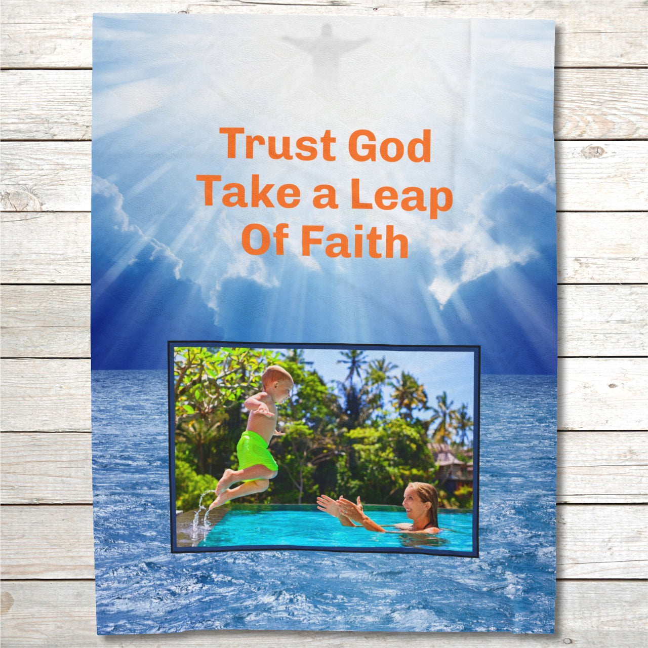 Plush velveteen blanket with “Leap of Faith” design, child jumping into pool, inspirational message "Trust God, Take a Leap of Faith," faith-based comfort, full print front, white back, throw and twin sizes, twin size layout