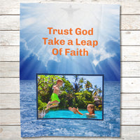 Plush velveteen blanket with “Leap of Faith” design, child jumping into pool, inspirational message