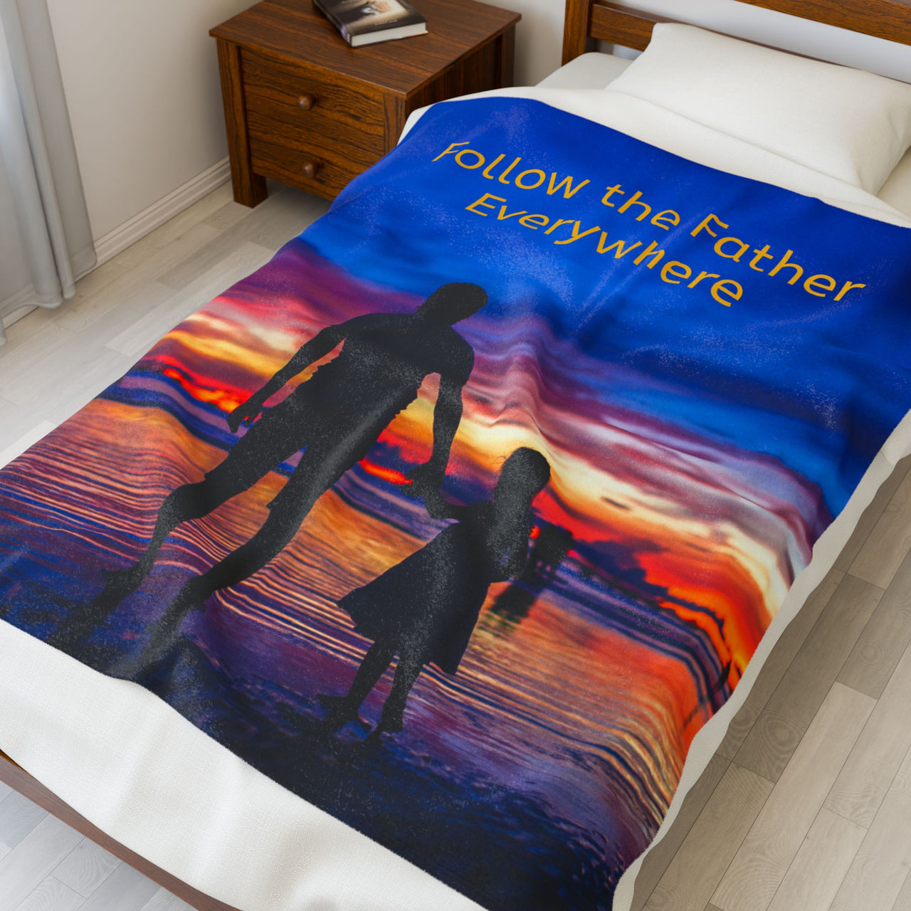 Inspirational plush blanket with “Follow the Father” design, child walking with father, spiritual message "Follow the Father Everywhere," velveteen fabric, full print front, white back, throw and twin sizes, throw size on bed