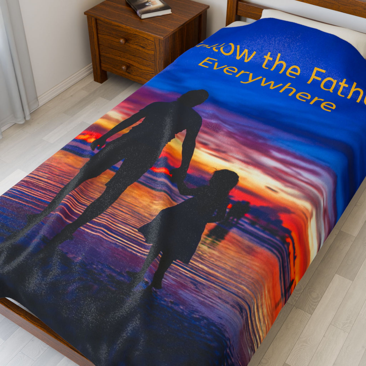 Inspirational plush blanket with “Follow the Father” design, child walking with father, spiritual message "Follow the Father Everywhere," velveteen fabric, full print front, white back, throw and twin sizes, twin size on bed