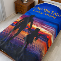 Inspirational plush blanket with “Follow the Father” design, child walking with father, spiritual message