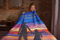 Inspirational plush blanket with “Follow the Father” design, child walking with father, spiritual message
