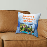 Inspirational throw pillow with “Leap of Faith” design, child jumping into pool, faith-based message