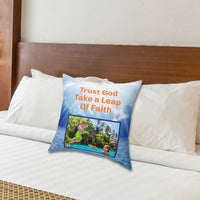 Inspirational throw pillow with “Leap of Faith” design, child jumping into pool, faith-based message