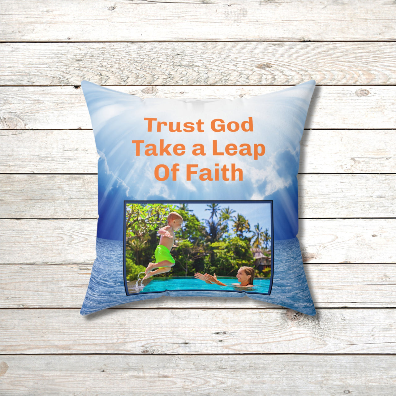 Inspirational throw pillow with “Leap of Faith” design, child jumping into pool, faith-based message "Trust God, Take a Leap of Faith," faith-based home décor, reversible with white or blue back, spun polyester, 4 sizes, 16x16 front