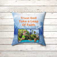 Inspirational throw pillow with “Leap of Faith” design, child jumping into pool, faith-based message