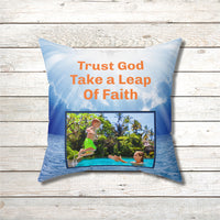 Inspirational throw pillow with “Leap of Faith” design, child jumping into pool, faith-based message