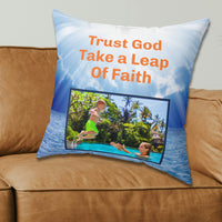 Inspirational throw pillow with “Leap of Faith” design, child jumping into pool, faith-based message