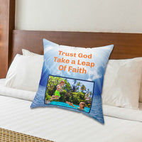 Inspirational throw pillow with “Leap of Faith” design, child jumping into pool, faith-based message