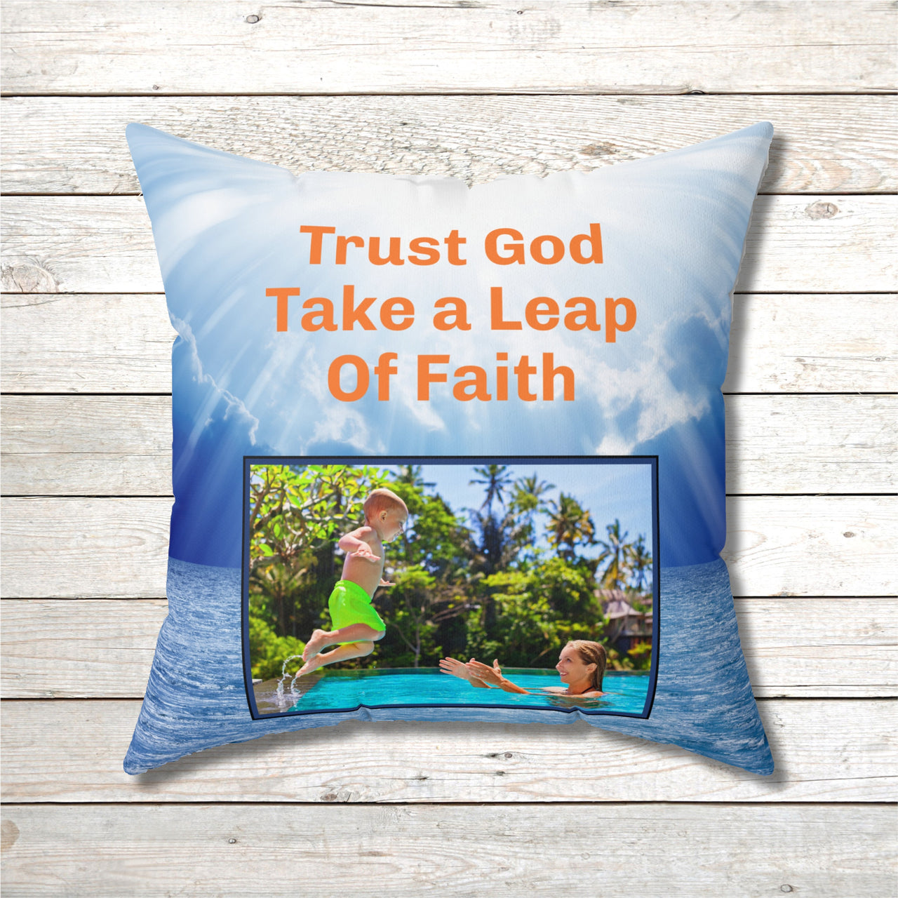 Inspirational throw pillow with “Leap of Faith” design, child jumping into pool, faith-based message "Trust God, Take a Leap of Faith," faith-based home décor, reversible with white or blue back, spun polyester, 4 sizes, 20x20 front