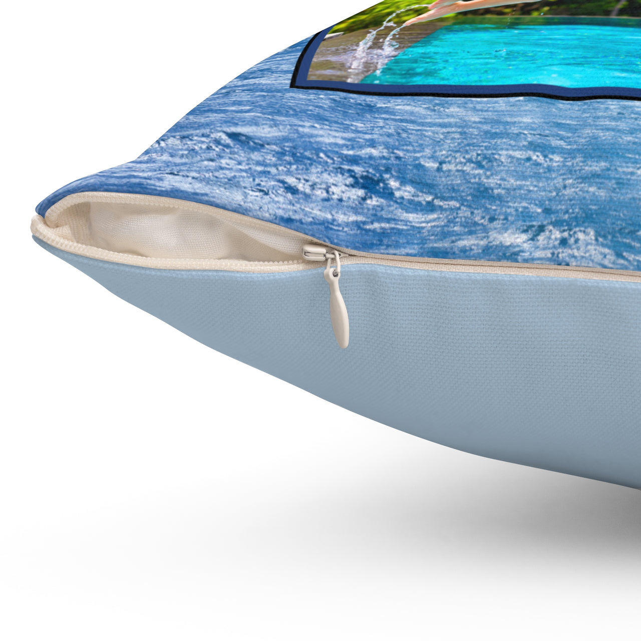 Reversible Throw Pillow, Leap of Faith - Light Blue Back