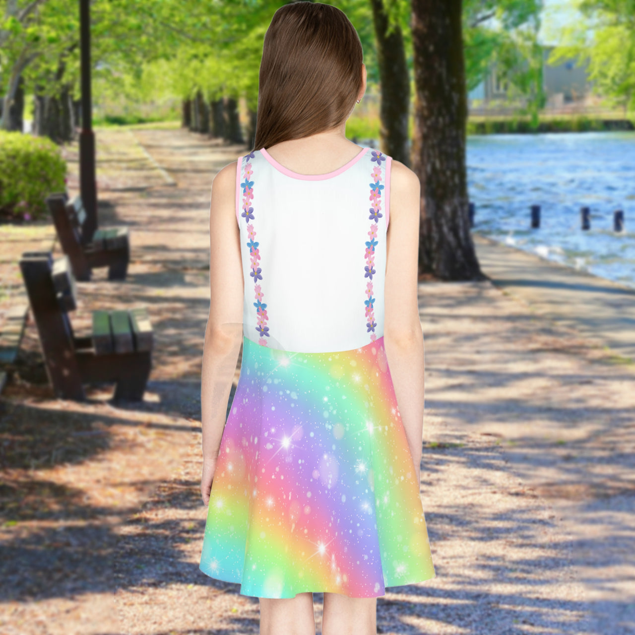 Pink girl's sundress with unicorn kitty and rainbow design, “Never Stop Dreaming” message, part of Paisley’s Treasure Chest Collection, lightweight polyester-spandex blend, ideal for summer and special occasions, back of girl in unicorn kitty sundress