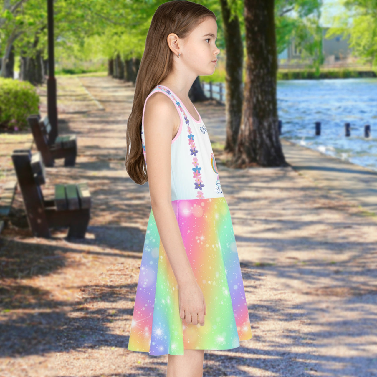Pink girl's sundress with unicorn kitty and rainbow design, “Never Stop Dreaming” message, part of Paisley’s Treasure Chest Collection, lightweight polyester-spandex blend, ideal for summer and special occasions, right side of girl in unicorn kitty sundress