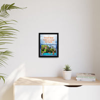 Framed canvas wall art with “Leap of Faith” design, child jumping into pool with message