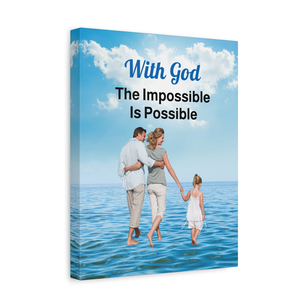 Canvas wall art with “Impossible Family” design, family walking on water with the message "With God, The Impossible Is Possible," pinewood frame, inspirational home décor, ready to hang, 11x14 wall art