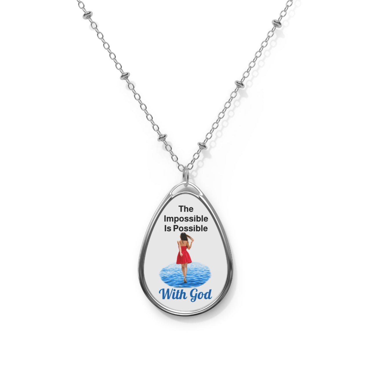 Inspirational oval pendant necklace with "Impossible Woman" design, message “The Impossible Is Possible with God,” zinc alloy and white aluminum, spiritual jewelry for women of purpose, white pendant