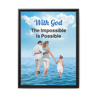 Framed canvas wall art with “Impossible Family” design, family walking on water with message