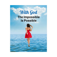 Faith-inspired poster with “Impossible Woman” design, a woman walking on water with the message:
