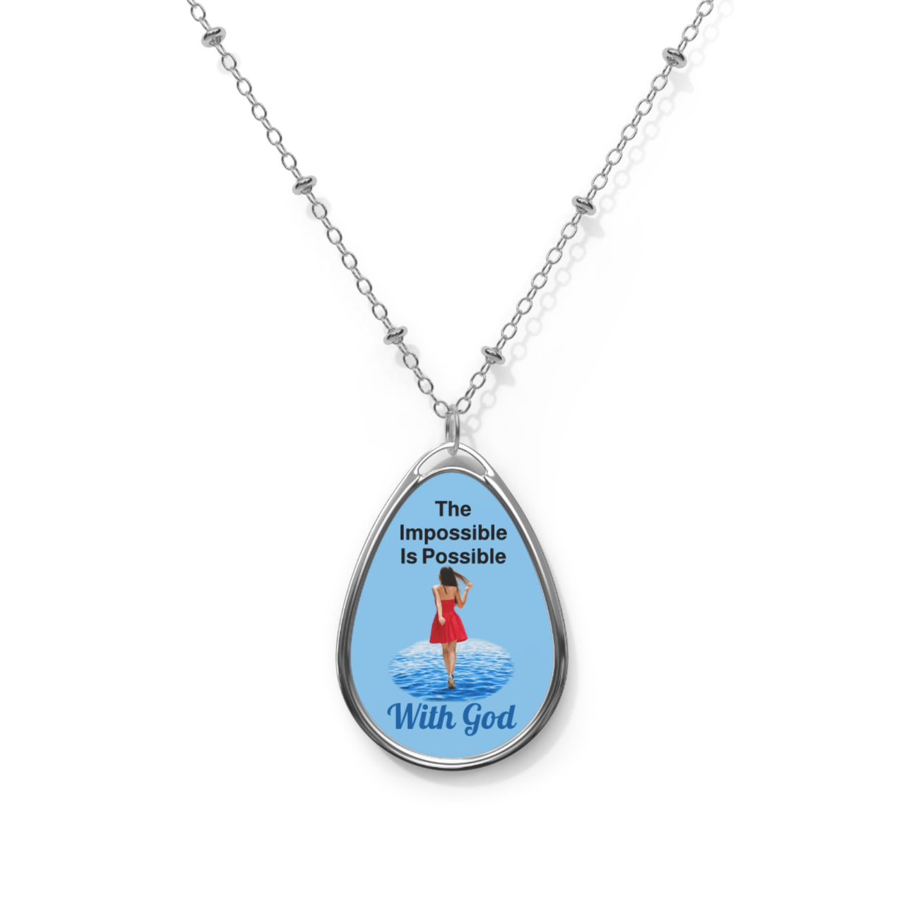 Inspirational oval pendant necklace with "Impossible Woman" design, message “The Impossible Is Possible with God,” zinc alloy and white aluminum, spiritual jewelry for women of purpose, light blue pendant